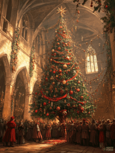 Majestic Christmas Celebration with a Grand Tree Adorned in Ornaments and Garland Set in a Magnificent Cathedral Hall Surrounded by Reverent Figures in Historical Garb Christmas Digital Painting 18 X 24 Inch