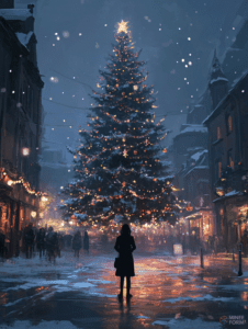 Majestic Christmas Tree Illuminating a Snowy Town Square with Warm Glowing Lights and a Starry Night Sky Christmas Digital Painting 18 X 24 Inch