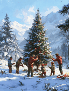 Family Joyfully Decorating a Christmas Tree in a Snowy Mountain Landscape with Sunlight Streaming through Pine Branches and Distant Snow-Covered Peaks Christmas Digital Painting 18 X 24 Inch