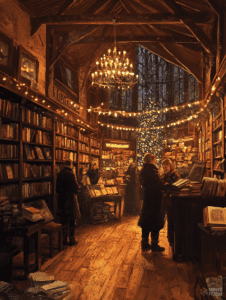 Cozy Bookstore Sanctuary with Elegant Chandelier and Festive Christmas Tree Illuminated by Warm String Lights Amidst Shelves of Literary Treasures Christmas Digital Painting 18 X 24 Inch