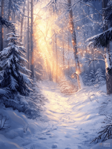 Enchanting Winter Forest with Sparkling Sunlight Piercing Through Snow-Covered Trees Illuminating a Serene Snowy Pathway Christmas Digital Painting 18 X 24 Inch