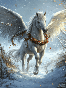 Majestic White Pegasus Soaring Through Snowy Woodland Adorned with Festive Garland Amidst Falling Autumn Leaves Christmas Digital Painting 18 X 24 Inch