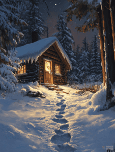 Cozy Winter Cabin Illuminated Under a Starry Night Sky with Footprints Leading Through the Snowy Forest Christmas Digital Painting 18 X 24 Inch