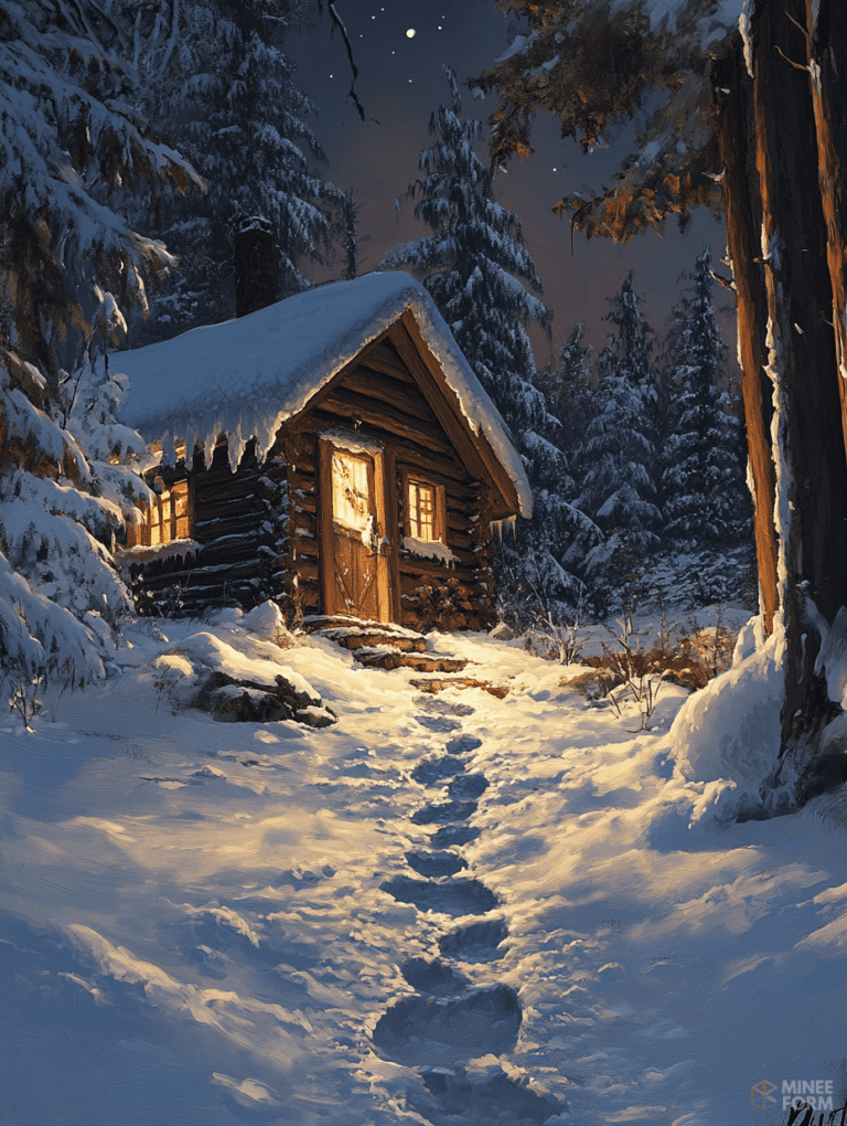 Cozy Winter Cabin Illuminated Under a Starry Night Sky with Footprints Leading Through the Snowy Forest Christmas Digital Painting 18 X 24 Inch