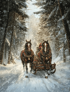 Majestic Sleigh Ride Through Snow-Draped Forest with Snowflakes Gently Falling on Galloping Horses and Cradling a Cozy Red-Clad Traveler Christmas Digital Painting 18 X 24 Inch