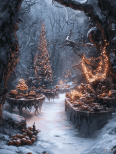 Enchanted Forest Feast Blanketed in Snow with Twinkling Lights and Lavish Banquet Under Ancient Trees Christmas Digital Painting 18 X 24 Inch