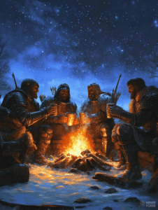 Four Armored Warriors Sharing Tales Around a Campfire Under a Starry Winter Night Sky Christmas Digital Painting 18 X 24 Inch