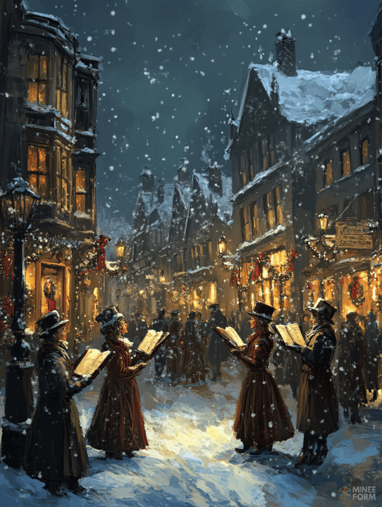 Victorian Carolers Singing Joyfully in a Snowy Festive Town Square Illuminated by Warmly Glowing Windows and Flickering Gas Lamps Christmas Digital Painting 18 X 24 Inch