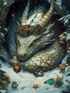 Majestic Dragon Slumbering in a Snowy Forest Adorned with a Festive Holiday Wreath Surrounded by Colorful Ornaments and Playful Creatures Christmas Digital Painting 18 X 24 Inch