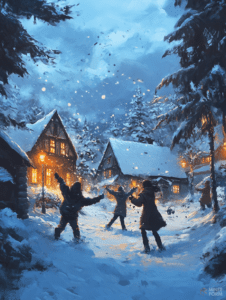 Snowy Village Scene with Children Joyfully Playing Under Gently Falling Snowflakes Amid Cozy Cabin Warmth and Illuminated Windows Christmas Digital Painting 18 X 24 Inch