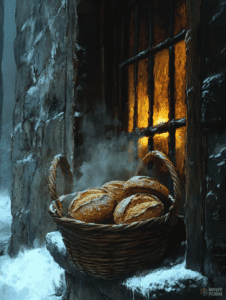 Warm Hearth Glow Illuminates Freshly Baked Bread in Woven Basket against Snow-Dusted Stone Wall Christmas Digital Painting 18 X 24 Inch