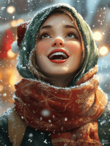 Joyful Expression of a Woman in a Snowy Winter Scene with a Warm Green Hood and Vibrant Red Scarf Adorned with Snowflakes and Delicate Falling Snowflakes in Soft Focus Background Christmas Digital Painting 18 X 24 Inch