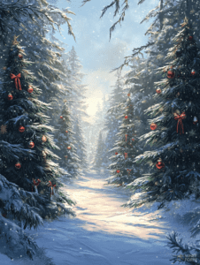 Sunlit Winter Pathway Through Snow-Covered Forest with Decorated Evergreen Trees and Soft Falling Snowflakes Christmas Digital Painting 18 X 24 Inch