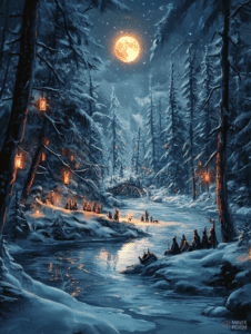 Moonlit Forest Enchantment with Snow Covered Pines and Flickering Lanterns Illuminating a Frozen River Pathway Christmas Digital Painting 18 X 24 Inch