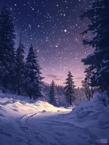 Starlit Winter Wonderland with Snow-Covered Pathway Winding Through Majestic Pine Forest at Dusk Christmas Digital Painting 18 X 24 Inch