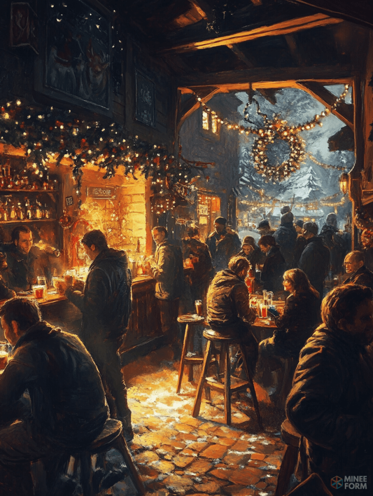 Cozy Winter Tavern Gathering with Festive Decorations and Snowy Outdoor Scene Christmas Digital Painting 18 X 24 Inch