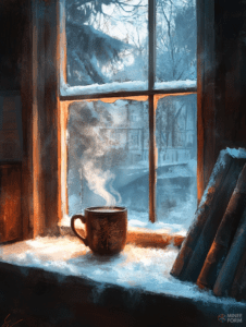 Steaming Mug of Hot Chocolate on a Cozy Snow-Dusted Windowsill Overlooking a Frosty Winter Landscape Christmas Digital Painting 18 X 24 Inch