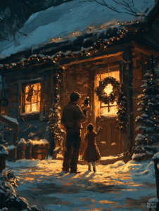 Father and Child on a Snowy Eve Approaching a Cozy Cottage Illuminated by Warm Glowing Lights and Festive Holiday Decorations Christmas Digital Painting 18 X 24 Inch