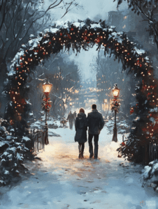 Couple Strolling Under a Festive Archway in a Snowy Winter Wonderland with Twinkling Lights and Cozy Atmosphere Christmas Digital Painting 18 X 24 Inch