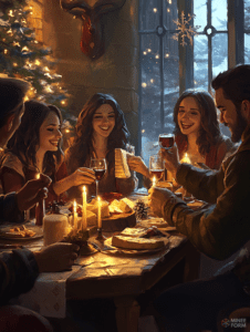 Cozy Winter Celebration with Friends Around a Candlelit Table in a Rustic Cabin with Snowy Views Christmas Digital Painting 18 X 24 Inch