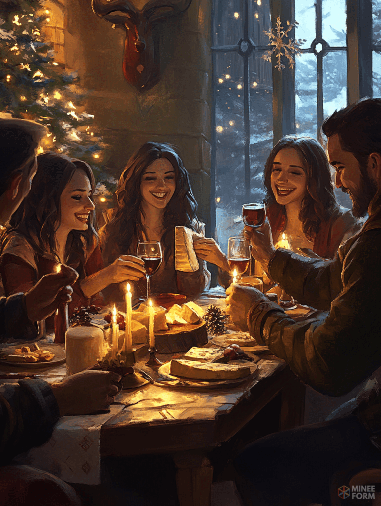 Cozy Winter Celebration with Friends Around a Candlelit Table in a Rustic Cabin with Snowy Views Christmas Digital Painting 18 X 24 Inch