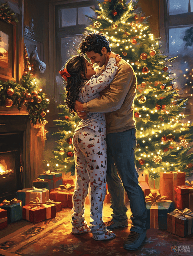 Cozy Embrace by the Glowing Christmas Tree with Wrapped Gifts and Warm Firelight Christmas Digital Painting 18 X 24 Inch