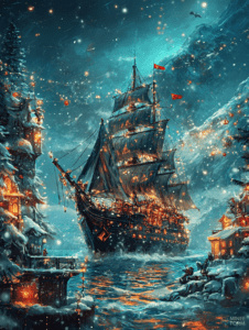 Majestic Sailing Ship Illuminated by Warm Lanterns Navigates Through Frosty Winter Waters Beside Snow-Covered Village Amidst Glowing Night Sky and Glistening Stars Christmas Digital Painting 18 X 24 Inch