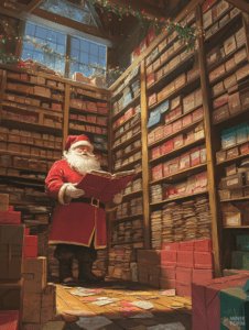 Santa Claus in a Cozy Wooden Room Surrounded by Stacks of Colorful Presents and Letters Under Warm Festive Lights Christmas Digital Painting 18 X 24 Inch