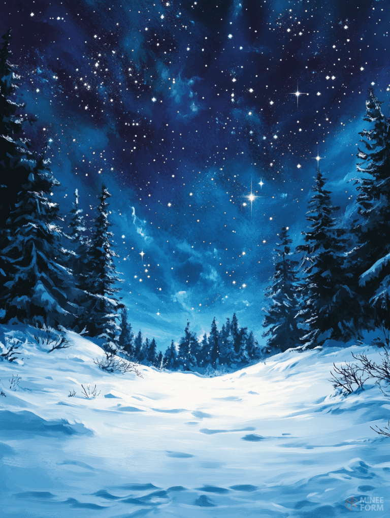 Tranquil Winter Night Under a Starry Sky with Snow-Covered Forest Pines and a Vast White Landscape Christmas Digital Painting 18 X 24 Inch