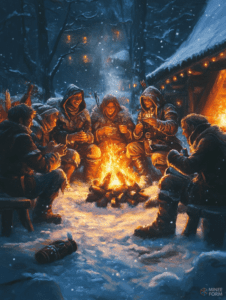 Warm Gathering of Hooded Figures Around a Campfire in a Snowy Forest Night Scene with Illuminated Cabin in the Background Christmas Digital Painting 18 X 24 Inch