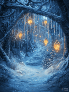 Enchanted Winter Pathway Illuminated by Glowing Golden Lanterns in a Frosty Forest Wonderland Christmas Digital Painting 18 X 24 Inch