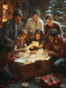 Family Gathering Around a Treasure Chest Filled with Memories by the Glowing Christmas Tree Christmas Digital Painting 18 X 24 Inch