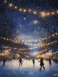 Children Skating Under Twinkling String Lights on a Magical Snowy Night in a Winter Wonderland Village Christmas Digital Painting 18 X 24 Inch