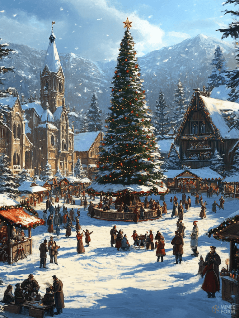 Festive Village Square with Towering Decorated Christmas Tree and Snow Capped Roofs Amidst Joyful Gathering in Winter Wonderland Setting Christmas Digital Painting 18 X 24 Inch