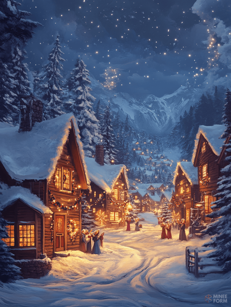 Enchanted Winter Village Illuminated by Festive Lanterns Under a Starry Night Sky Christmas Digital Painting 18 X 24 Inch