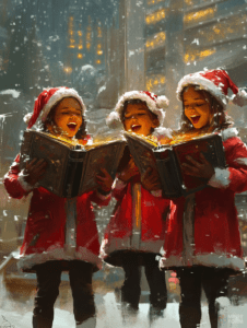 Three Children Singing Joyful Christmas Carols in Red Velvet Santa Suits Amid Gently Falling Snow with Illuminated Cityscape Background Christmas Digital Painting 18 X 24 Inch