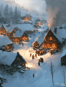 Cozy Winter Evening in a Snow-Covered Medieval Village with Warmly Lit Timber Houses and Gathered Villagers Engaged in Lively Conversation Christmas Digital Painting 18 X 24 Inch