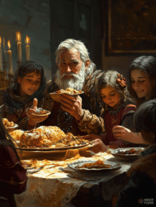 A Cozy Festive Gathering with an Elderly Man and Children Illuminated by Candlelight at a Lavish Feast in a Warm Rustic Setting Christmas Digital Painting 18 X 24 Inch