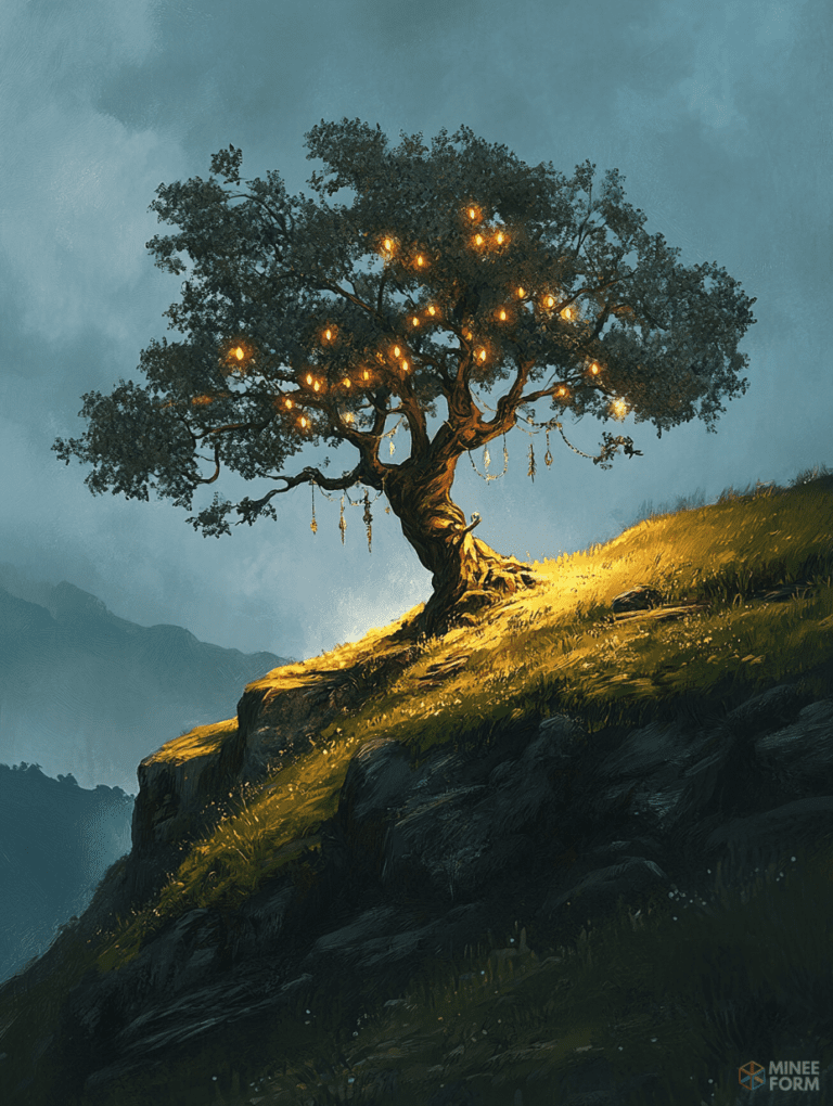 Majestic Tree Illuminated by Magical Lanterns on Sunlit Cliffside at Dusk Christmas Digital Painting 18 X 24 Inch