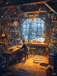 Cozy Workshop of the Diligent Elf Crafting Toys by Warm Lantern Light Amidst Festive Garlands and Snowy Views Christmas Digital Painting 18 X 24 Inch