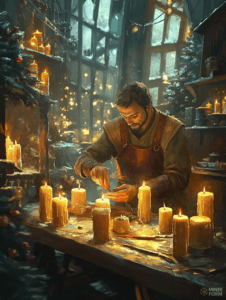 Craftsman Illuminated by Golden Candlelight in a Cozy Workshop During a Winter's Eve Christmas Digital Painting 18 X 24 Inch