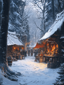 Winter Wonderland Market in an Enchanted Forest with Snow-Covered Stalls Glowing from Warm Firelight and Bustling Vendors Surrounded by Towering Frost-Laden Trees Christmas Digital Painting 18 X 24 Inch