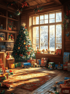 Sunlit Christmas Room Filled with Gifts and a Decorated Tree by a Frosted Window Christmas Digital Painting 18 X 24 Inch