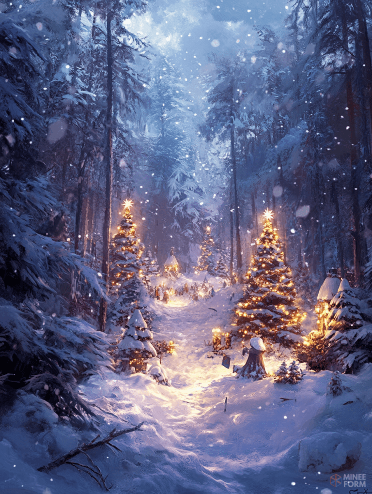 Enchanted Winter Forest Path Adorned with Glowing Christmas Trees and Snow-Covered Scenery Christmas Digital Painting 18 X 24 Inch