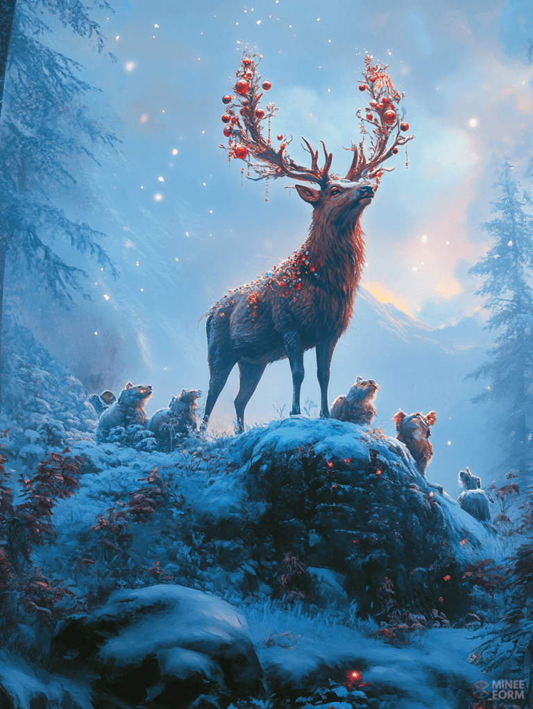 Regal Stag with Enchanted Ornamented Antlers Standing Proudly on Snow-Covered Rocky Ledge Surrounded by Furry Woodland Creatures Under a Wintry Twilight Sky with Softly Falling Snow and Frosty Evergreen Trees Christmas Digital Painting 18 X 24 Inch