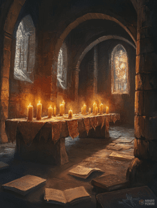 In a Gloomy Stone Chamber a Long Table Draped with Rich Red Cloth Bears Rows of Glistening Candles Casting a Warm Glow as Ancient Tomes and Scattered Pages Lie Across the Timeworn Stone Floor and Light Streams Through Tall Gothic Windows Christmas Digital Painting 18 X 24 Inch