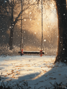 Solitary Swing Adorned with Festive Decorations in a Serene Snowy Forest Bathed in Golden Dawn Light Christmas Digital Painting 18 X 24 Inch