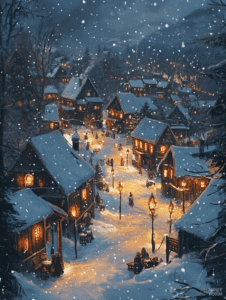 Snowy Village Night with Warm Glowing Windows and Falling Snowflakes in a Serene Winter Setting Christmas Digital Painting 18 X 24 Inch