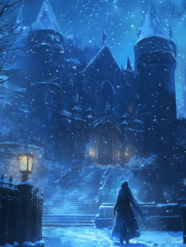 Enigmatic Castle Shrouded in Wintry Night as Snow Gently Falls Illuminated by Lantern Light with Mysterious Figure Cloaked in Shadows Ascending Frosty Steps Toward Majestic Entrance Christmas Digital Painting 18 X 24 Inch