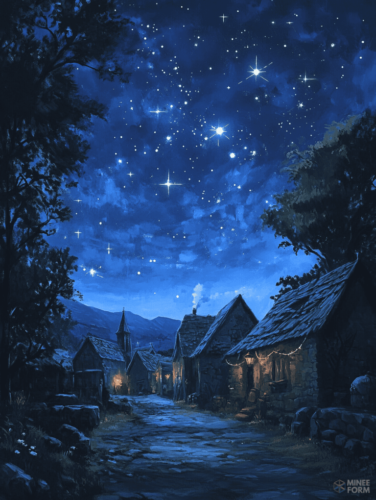 Enchanting Nighttime Village Under a Star-Studded Sky with Cozy Lantern-Lit Stone Cottages and Majestic Silhouettes of Trees and Mountains Christmas Digital Painting 18 X 24 Inch